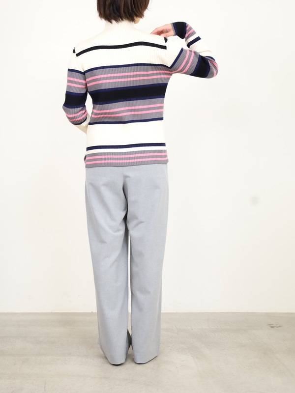 【trois】マルチボーダーハイネックリブニット