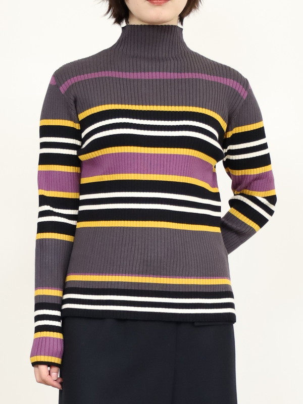 【trois】マルチボーダーハイネックリブニット