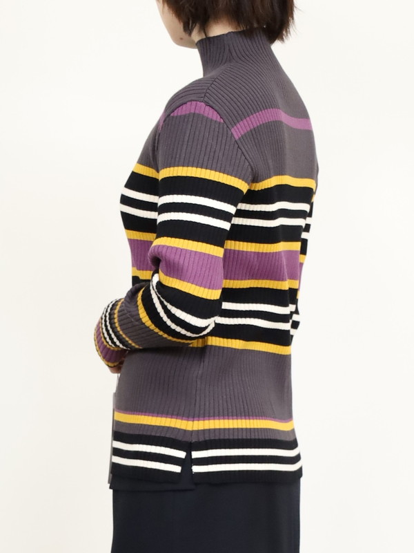 【trois】マルチボーダーハイネックリブニット