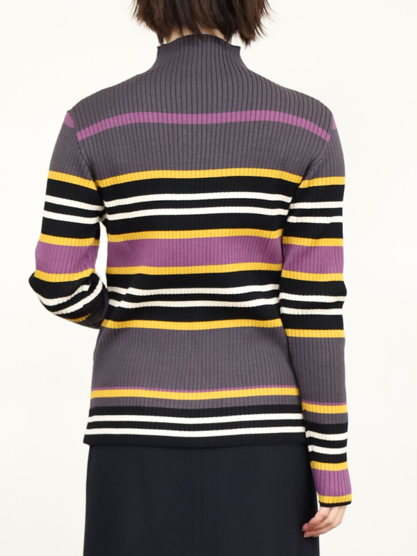 【trois】マルチボーダーハイネックリブニット