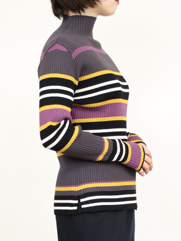 【trois】マルチボーダーハイネックリブニット