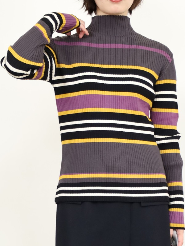 【trois】マルチボーダーハイネックリブニット