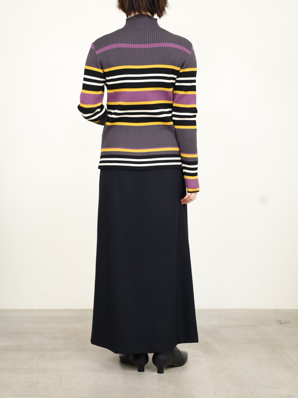 【trois】マルチボーダーハイネックリブニット