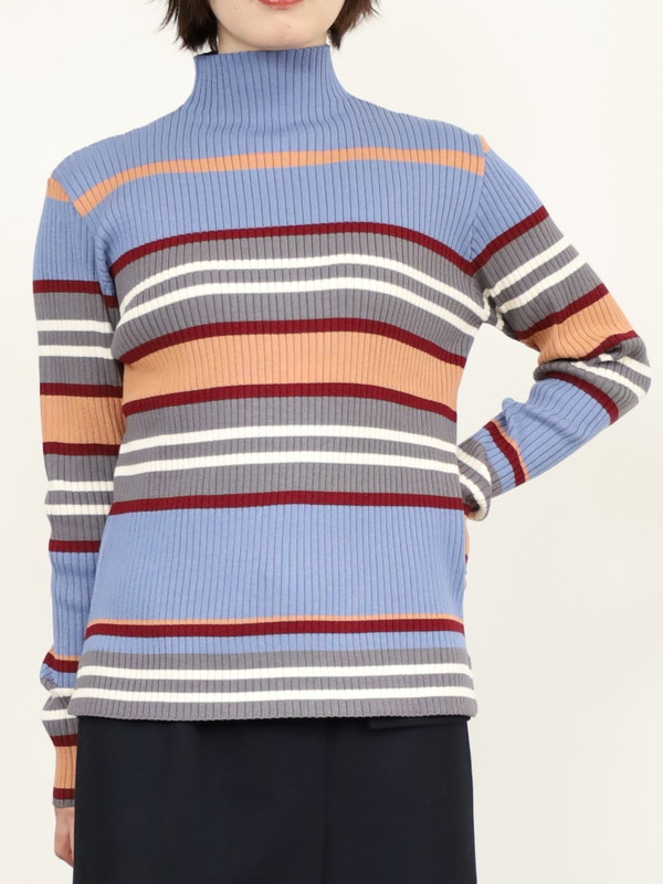 【trois】マルチボーダーハイネックリブニット