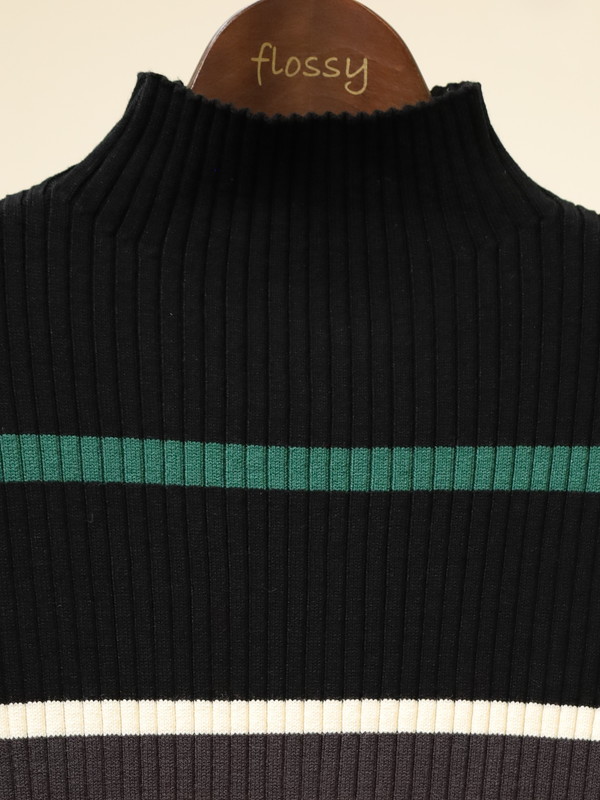 【trois】マルチボーダーハイネックリブニット