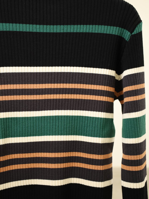 【trois】マルチボーダーハイネックリブニット