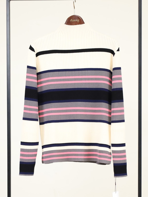 【trois】マルチボーダーハイネックリブニット