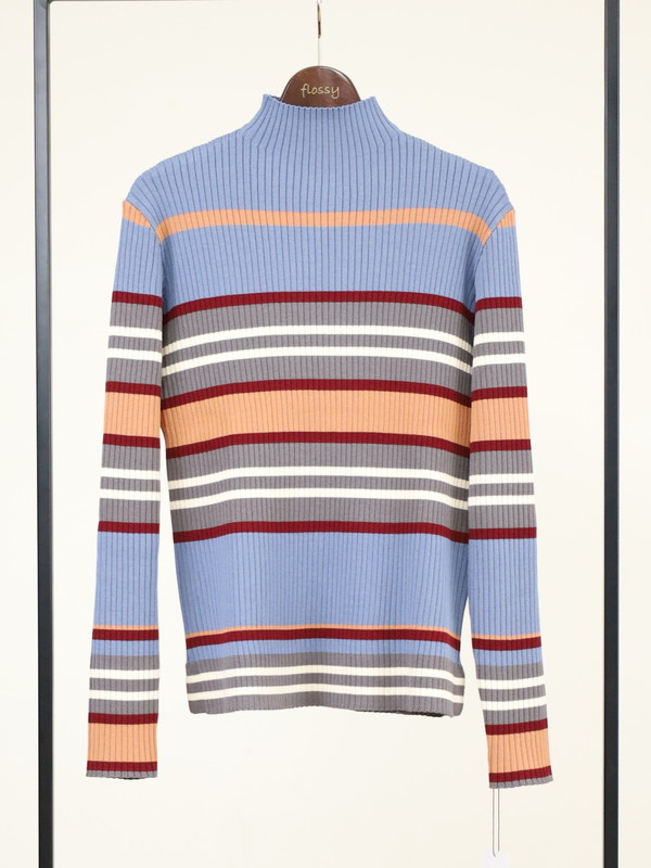 【trois】マルチボーダーハイネックリブニット