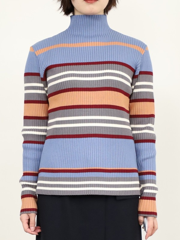 【trois】マルチボーダーハイネックリブニット