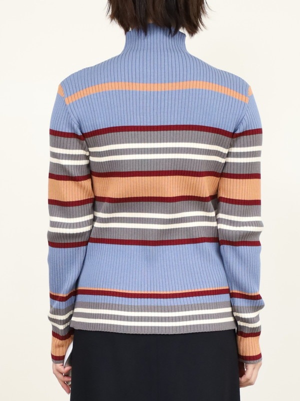 【trois】マルチボーダーハイネックリブニット