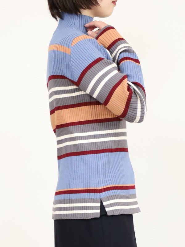 【trois】マルチボーダーハイネックリブニット