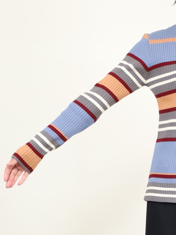 【trois】マルチボーダーハイネックリブニット