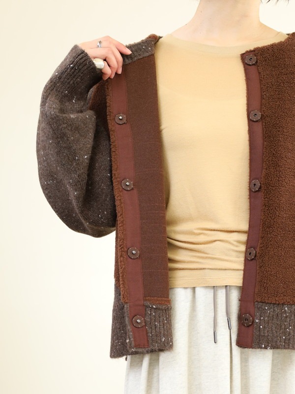 trois】ニット×ボア切替カーディガン
