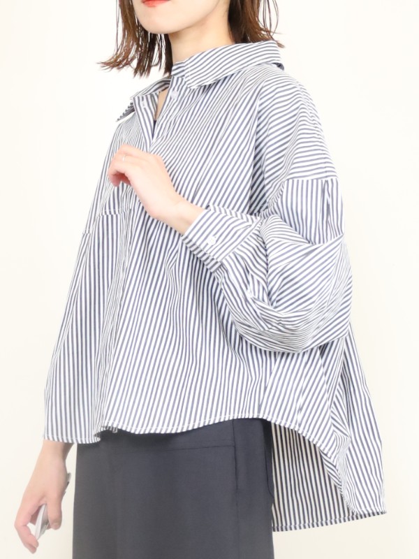 【ayane】ストライプボタンタックスリーブシャツ