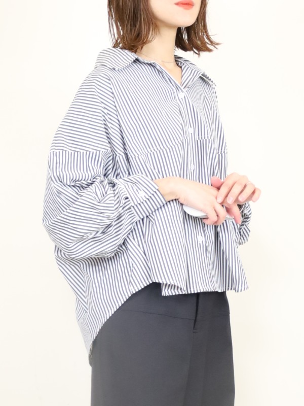 【ayane】ストライプボタンタックスリーブシャツ
