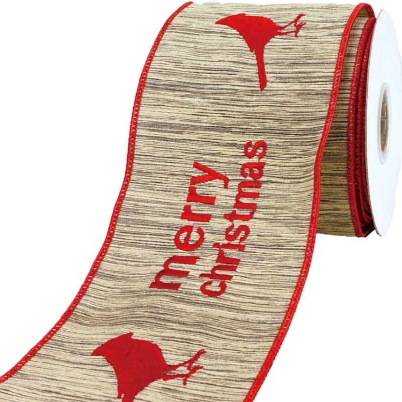 ワイヤー入りリボン CARDINAL BIRD EMBROID BLACK/RED 幅100mm