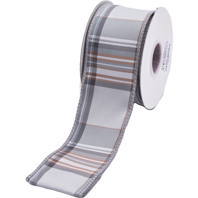 ワイヤー入りリボン PLAID CHECKS TAFETTA DBLFUSED RIBBON GY 6.3cm