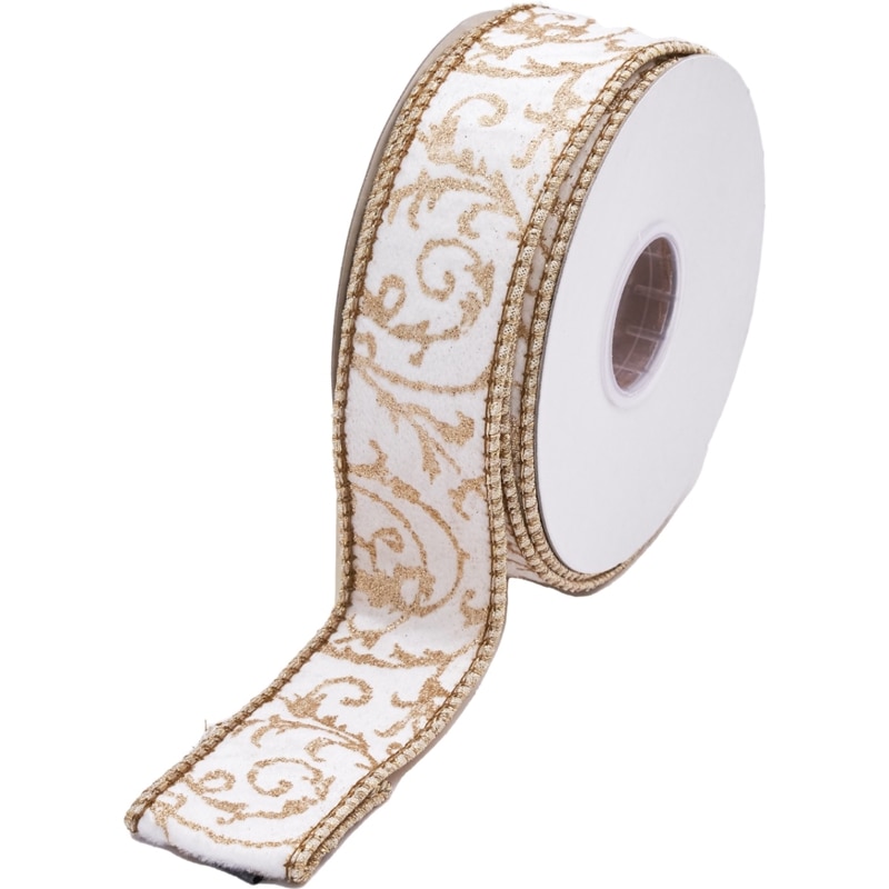 ワイヤー入りリボン SCROLL GLITTER PRINT METALLIC DUPION FUSED RIBBON 3.8cm