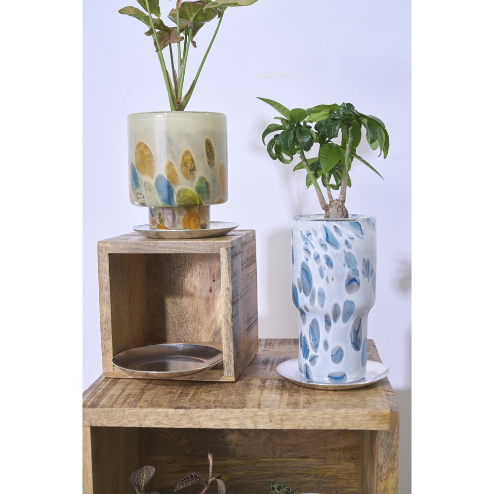 DGガラスステップポット＆ソーサーφ10xH12 クリームフラワー | 穴あき