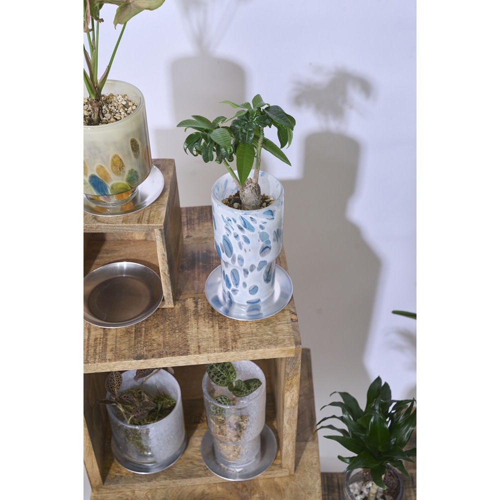 DGガラスステップロングポット＆ソーサーH16 ホワイトBP | 穴あき鉢