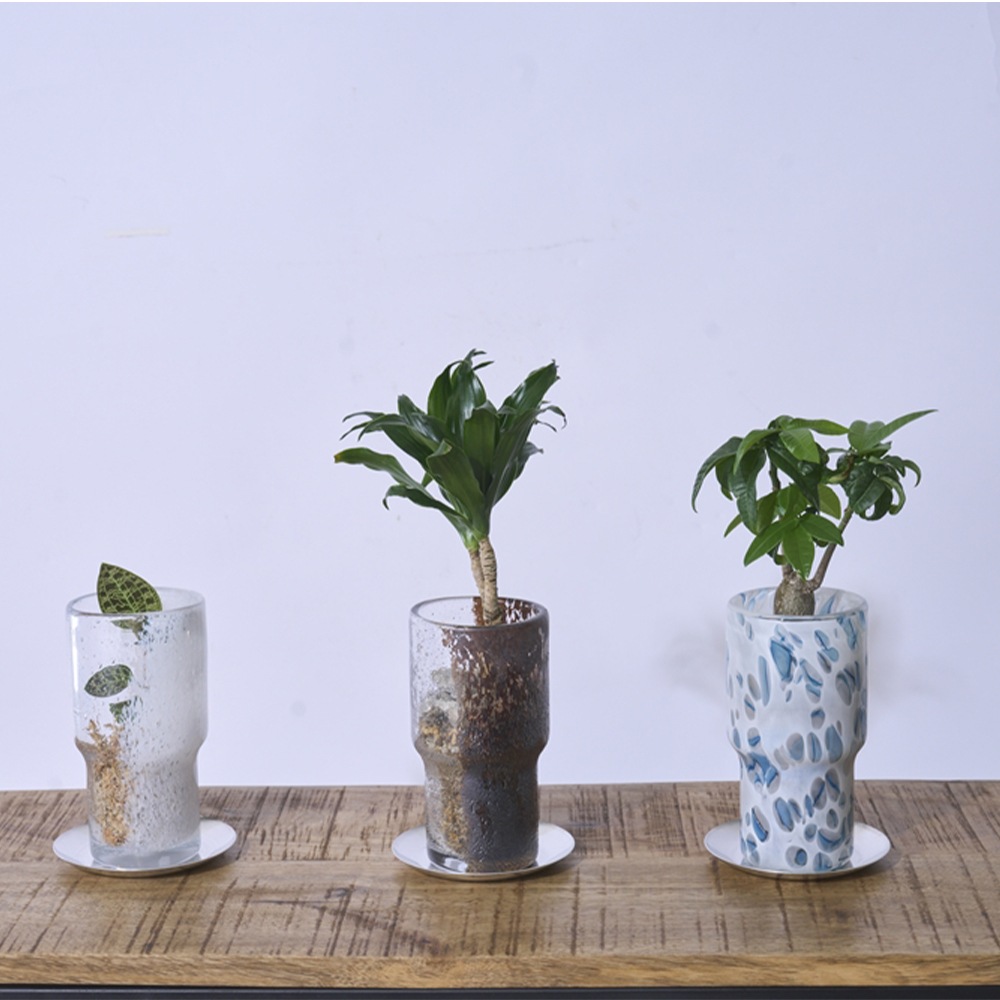 DGガラスステップロングポット＆ソーサーH16 ホワイトBP | 穴あき鉢