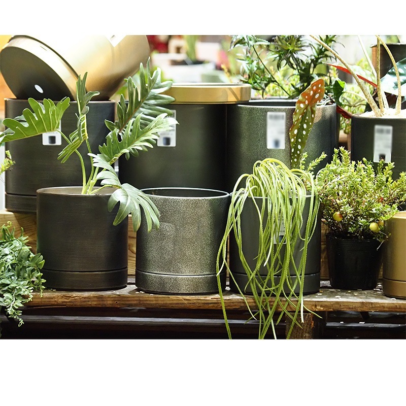 MC円柱メタルecoポット皿付|鉄はエコ|シルバーブラック#6