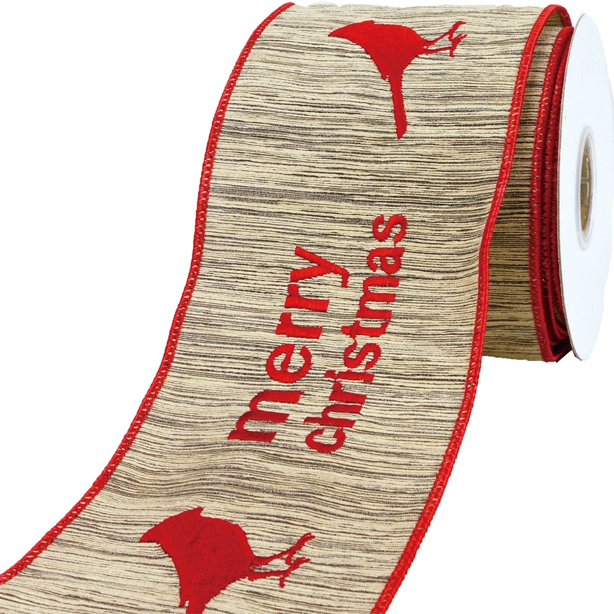 ワイヤー入りリボン CARDINAL BIRD EMBROID BLACK/RED 幅100mm@