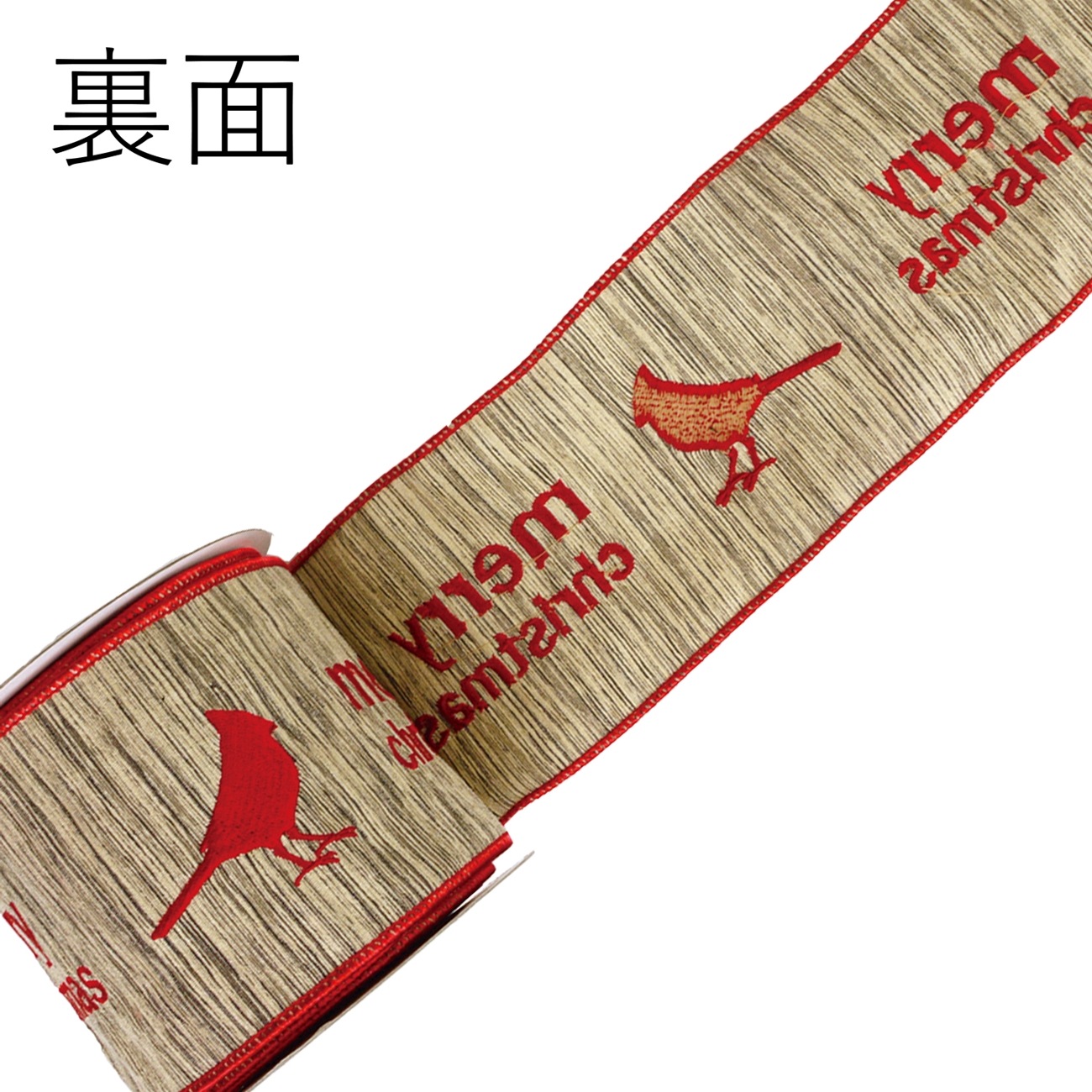 ワイヤー入りリボン CARDINAL BIRD EMBROID BLACK/RED 幅100mm@