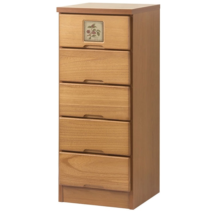 大川産 天然木タイル付きスリムチェスト 5段