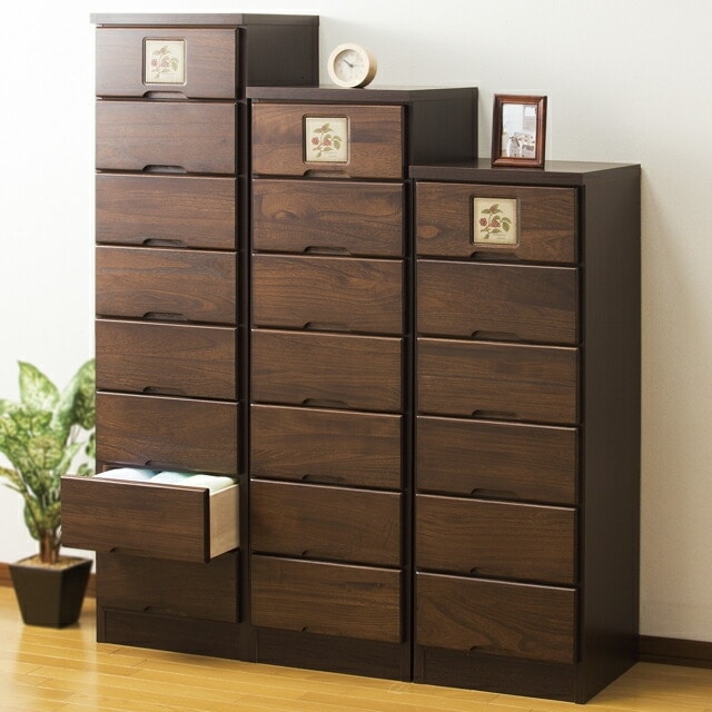 大川産 天然木タイル付きスリムチェスト 7段