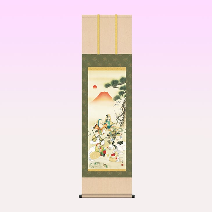 洛彩緞子本表装 掛軸 七福神吉祥之図 長江桂舟 筆｜ファミリー・ライフ
