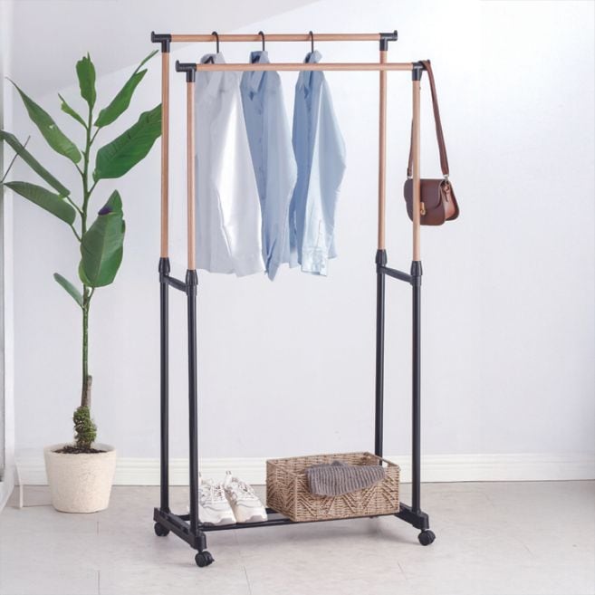 木目調伸縮2段ハンガーラック｜ファミリー・ライフ公式通販