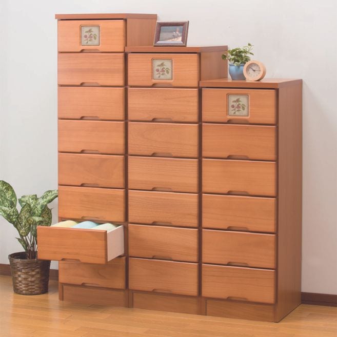 大川産 天然木タイル付きスリムチェスト 4段