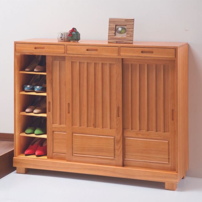 桐天然木引き戸式和風下駄箱 115cm幅