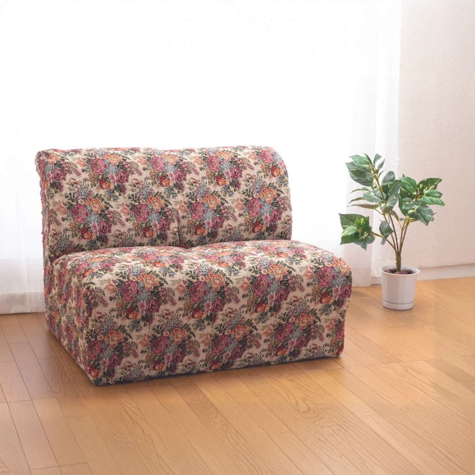 日本製 タテヨコ伸縮ソファカバー ブーケ柄 肘無し 2人掛用