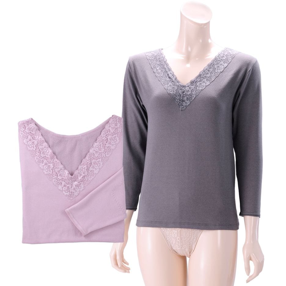 あったか8分袖インナー2色組 ピンク・グレー あて布付き 同サイズ