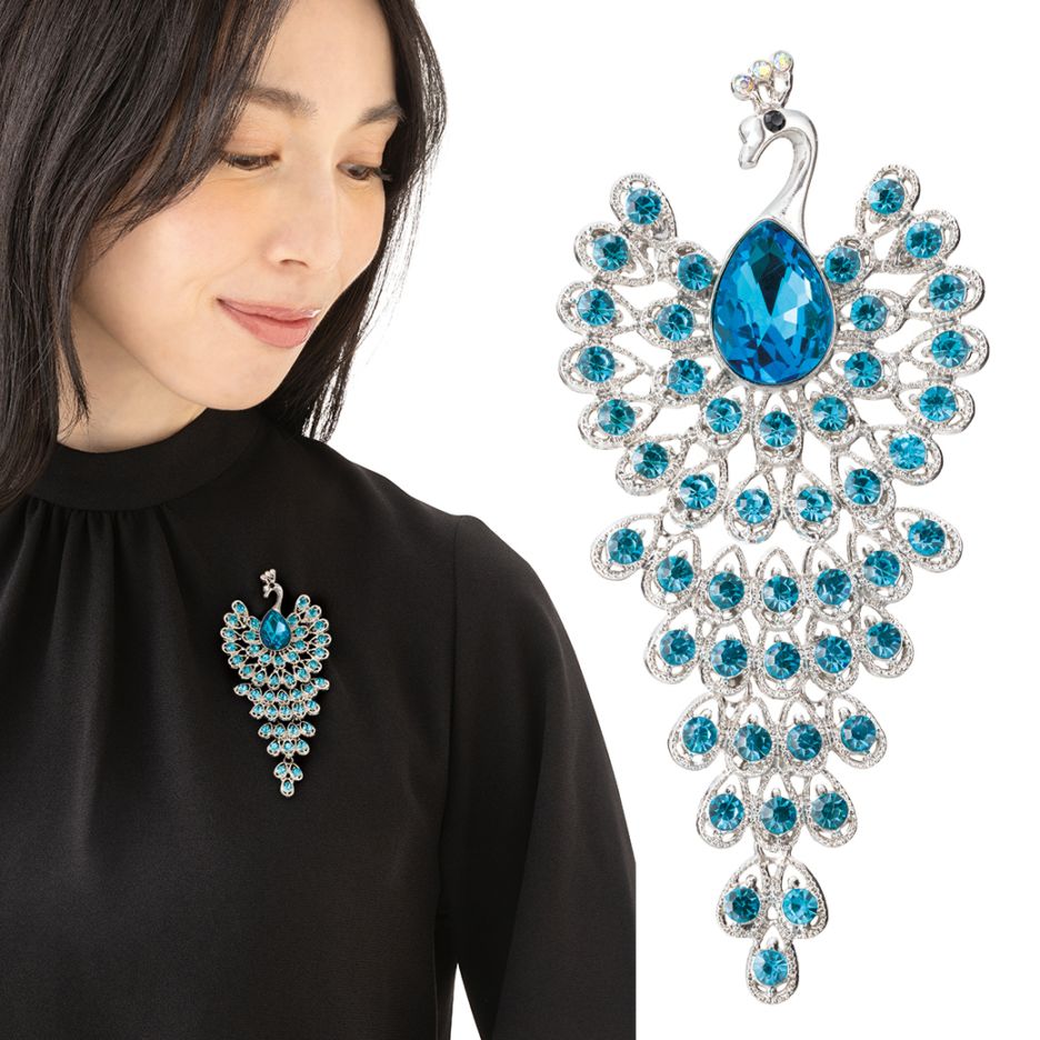 青いクジャクの幸せブローチ