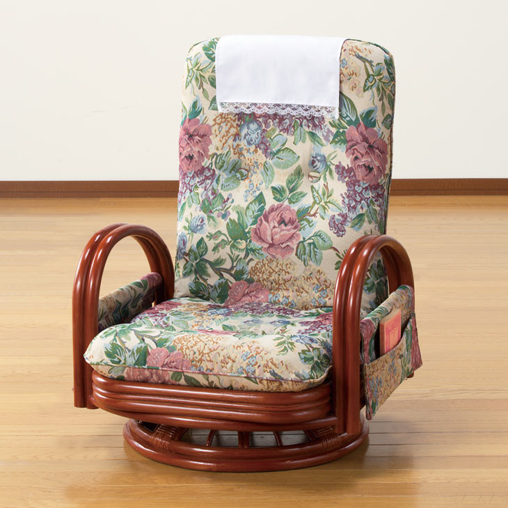 天然籐 リクライニングハイバック回転座椅子 サイドポケット付き ロータイプ