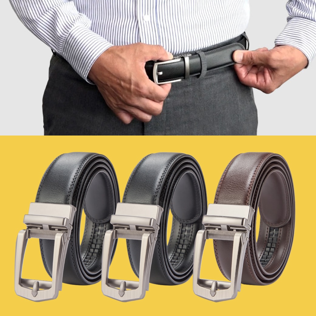 ロング 牛革ラチェット式ベルト3本組