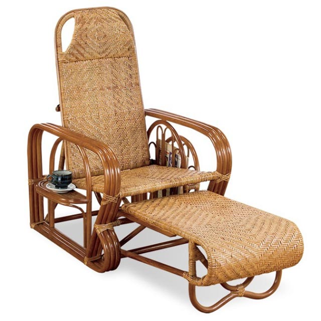 【送料無料】 ラタン リクライニングチェア テーブル マガジンラック オットマン 天然籐リクライニングチェア マガジンラック・サイドテーブル