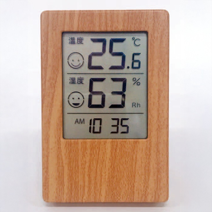 木目調 時計付きデジタル温湿度計