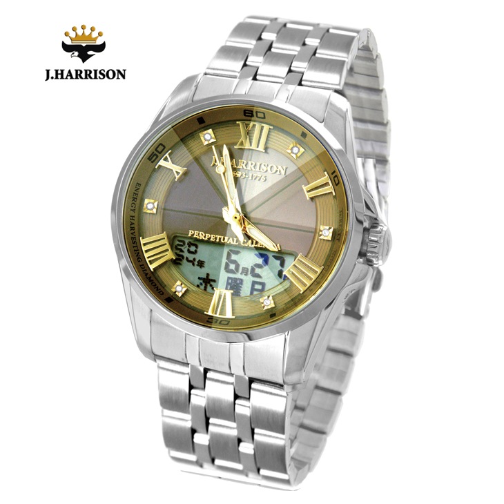 J・ハリソン 天然ダイヤ6石大型カレンダー付きソーラー電波時計