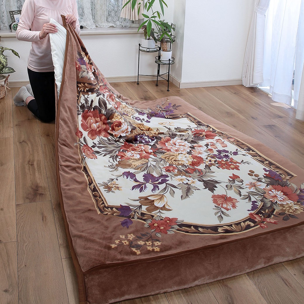 掛布団カバーになる衿付マイヤー2枚合わせ毛布 2色組