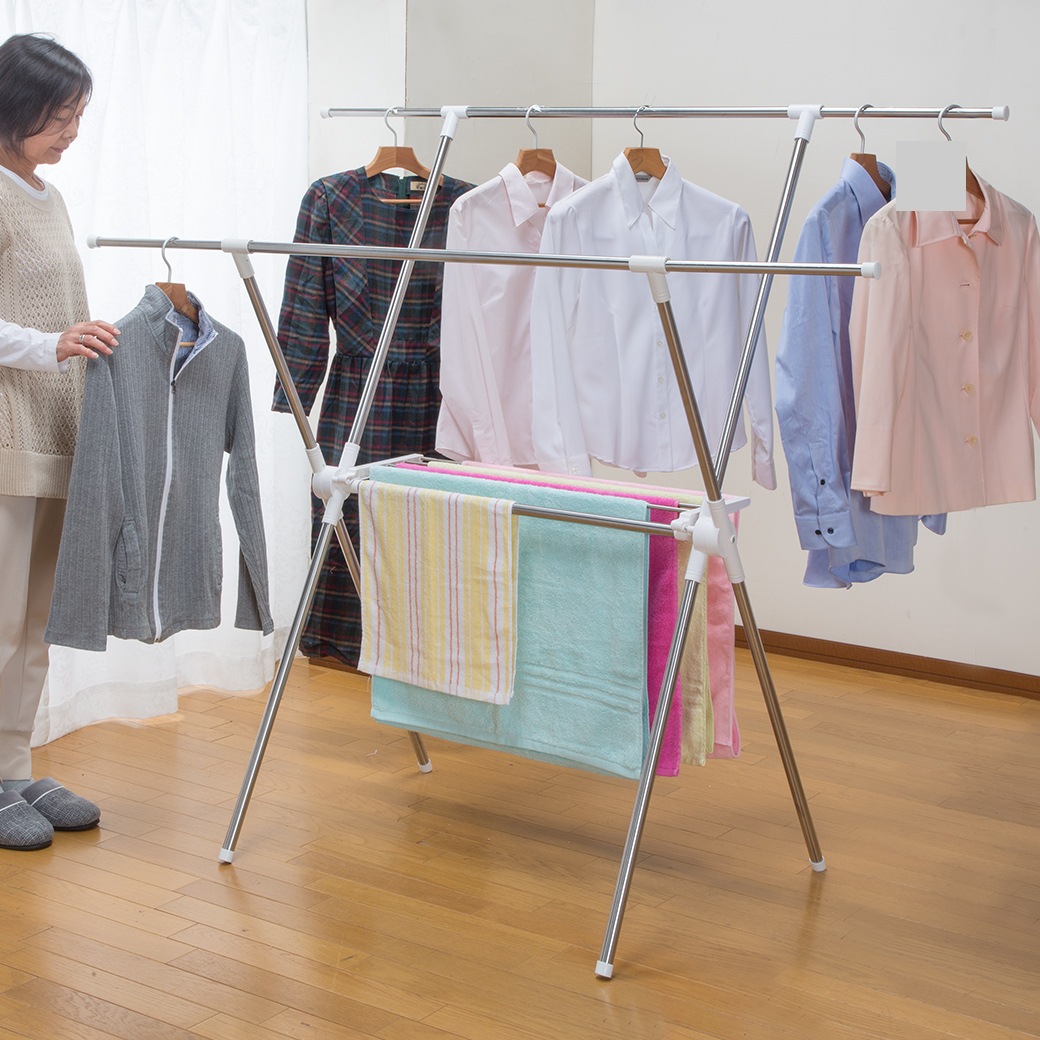 X型ステンレス室内物干しスタンド タオル掛け付き｜ファミリー・ライフ