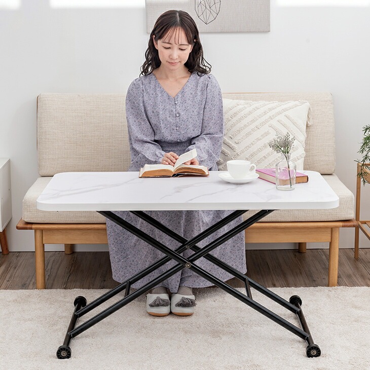 【美品】無段階 昇降テーブル ダイニングテーブル ホワイト 幅120cm] 昇降テーブル 無段階 高さ調節 ペダル ガス圧式