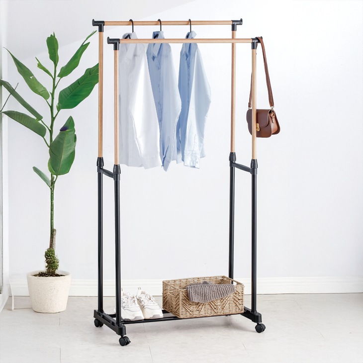 木目調伸縮2段ハンガーラック｜ファミリー・ライフ公式通販