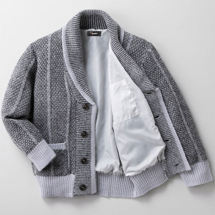 ピエルッチ ウール100%裏地付きヘチマ襟カーディガン