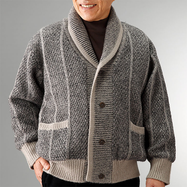 ピエルッチ ウール100%裏地付きヘチマ襟カーディガン