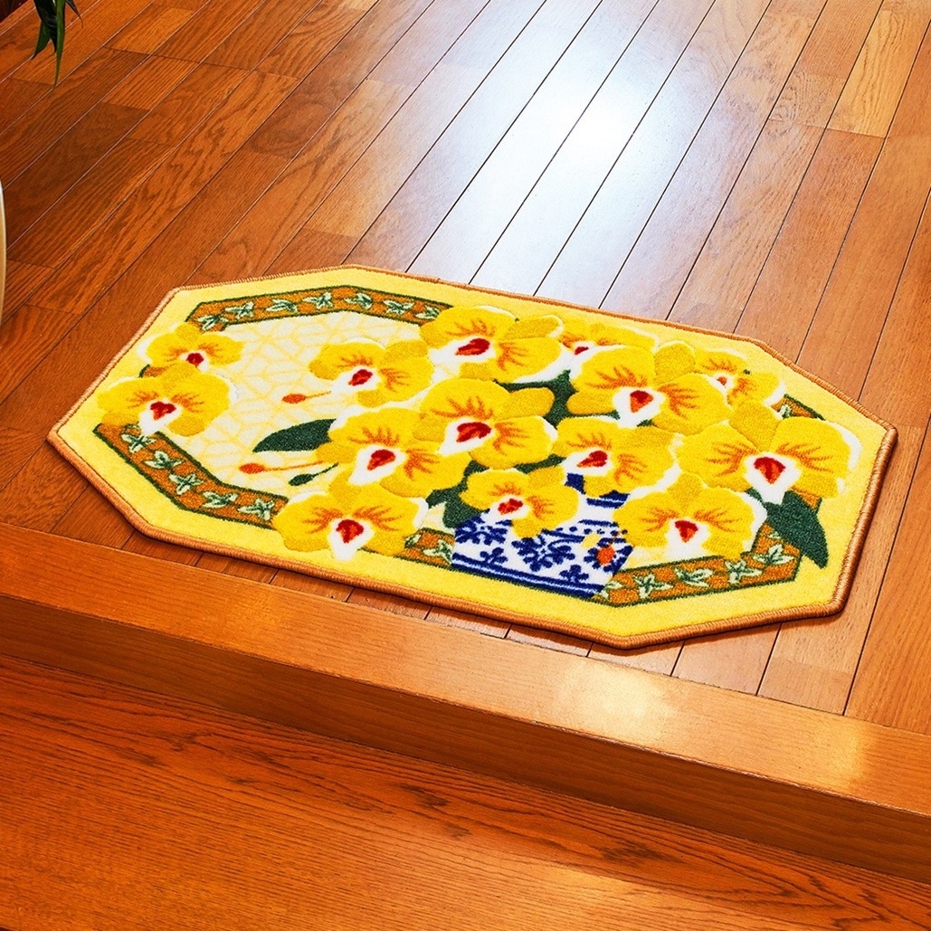 幸福の「黄色い胡蝶蘭」八角玄関マット 大判サイズ 70×120cm