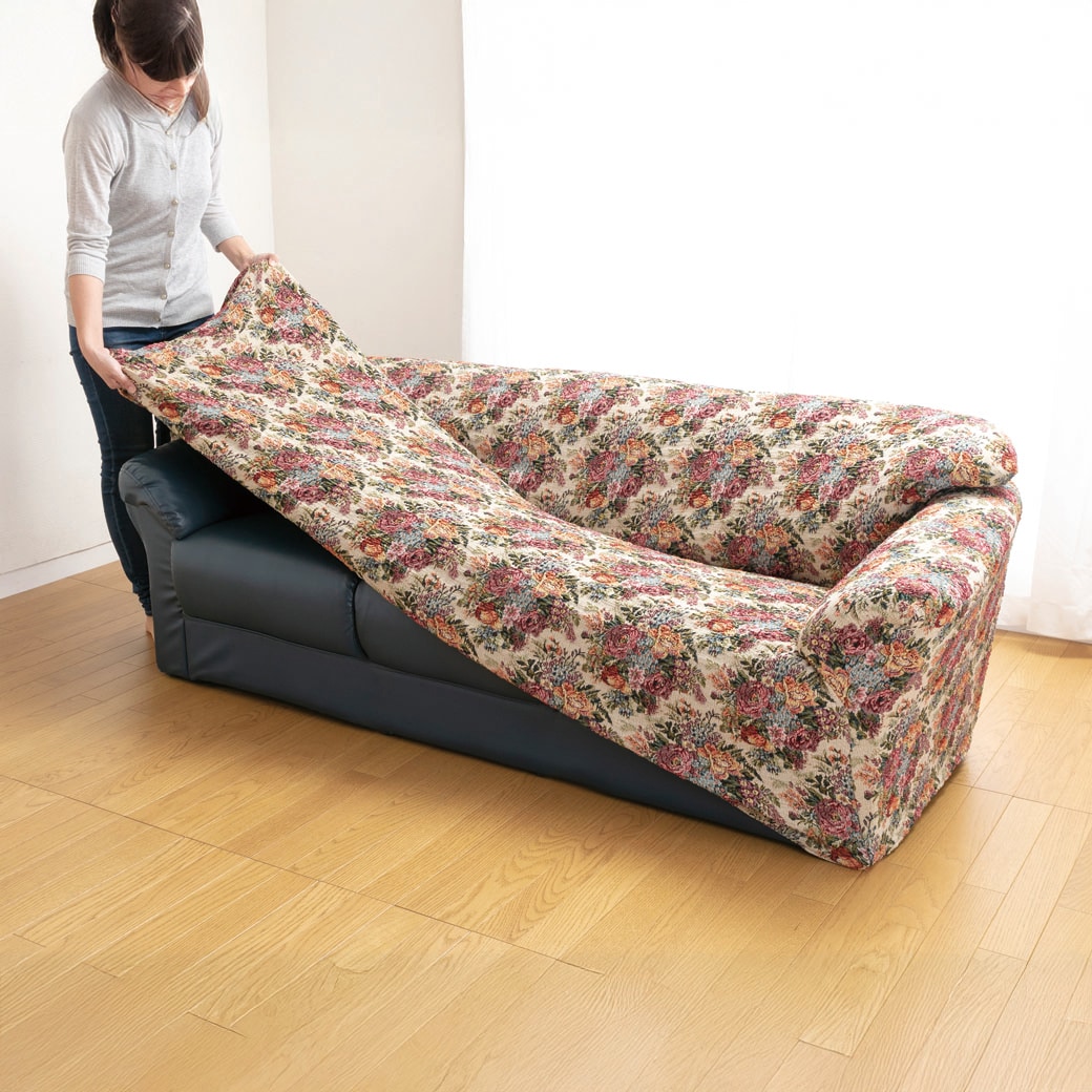 日本製 タテヨコ伸縮ソファカバー ブーケ柄 肘無し 3人掛用